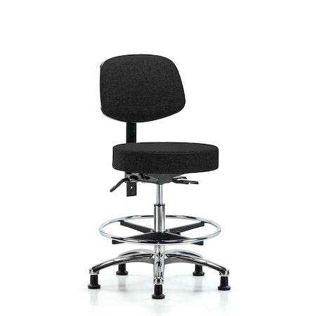 Fabric Stool with Back Chr-Med Bench Ht with Seat Tilt, Chr Foot Ring, andStat Glides in Black Fabric
