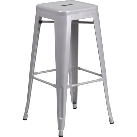 30" High No Back Silver Metal Barstool Square Seat