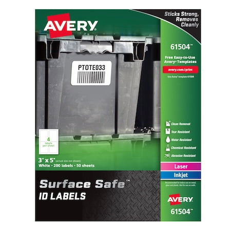Surface Safe ID Labels, 3"x5", 4up, PK200, 5 in Label W, 3 in Label H, 50 Labels per Sheet White