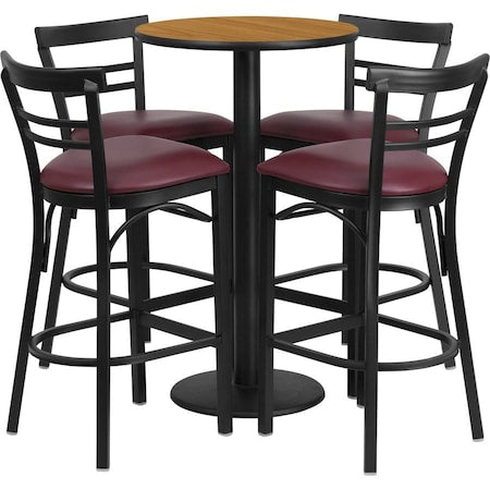Round Ntural Bar Table, Rnd Base, Burg Seats, 24", Laminate Top, Wood Grain