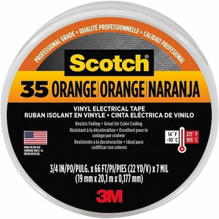 Vinyl Electrical Tape, 35, Scotch, 3/4 in W x 66 ft L, 7 mil thick, Orange