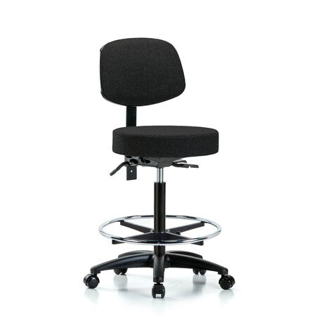 Rutledge Fab Stool with Back-High Bench Height with Seat Tilt, Chr Foot Ring, andCasters in Black Fab