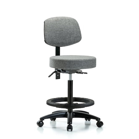 Rutledge Fabric Stool with Back - High Bench Height with Black Foot Ring and Casters in Gray Fabric