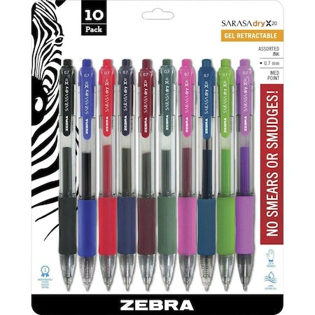 Sarasa Dry Gel X20 Gel Pen, Retractable, Medium 0.7 mm, Assorted Ink and Barrel Colors, PK10