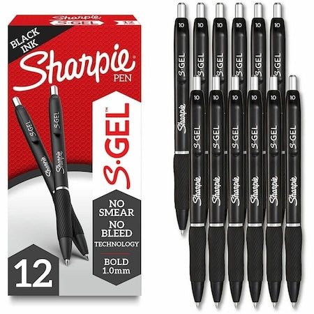 S-Gel High-Performance Gel Pen, Retractable, Bold 1 mm, Black Ink, Black Barrel, PK12 PK