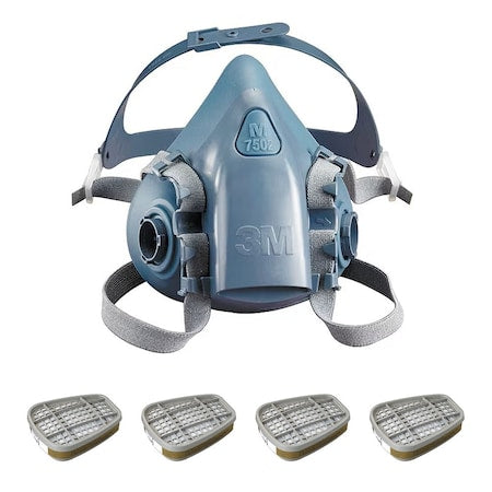 Half Mask Respirator Kit: 4 Chemical Cartridges Included, Olive Color, 7500 Series, Bayonet, Size M