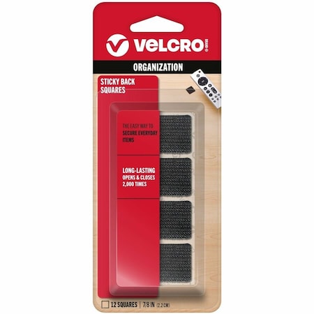 Reclosable Fastener Shape, Square, Rubber Adhesive, 7/8 in, 7/8 in W, Black, 12 PK