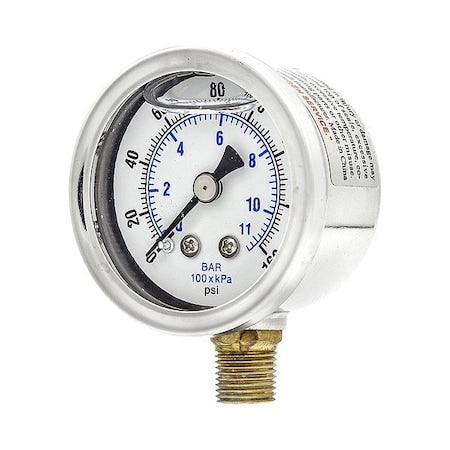 Pressure Gauge, 1/4 in NPT, Bottom Location