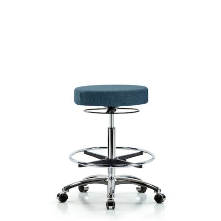 Rutledge Fab Stool without Back Chr-High Bench Height with Chr Foot Ring and Casters in Blue Fab