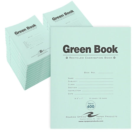 Case of Recycled Exam Green Books, 8.5"" x 7"", 8 Sheets/16 Pages, Wide Ruled with Margin,PK600