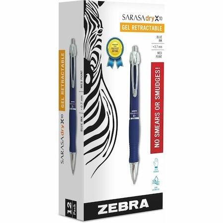 Sarasa Dry X10 Gel Pen, Retractable, Medium 0.7 mm, Blue Ink, Blue/Silver Barrel, PK12
