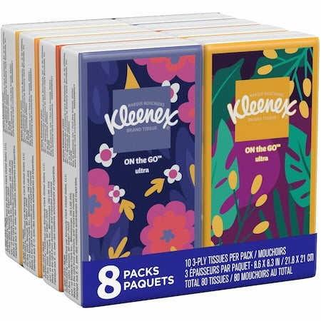 Facial Tissues, Soft Pack, On-The-Go, 80 Sheets/Pack, 3 Ply, 8 PK