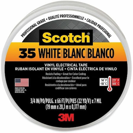 Vinyl Electrical Tape, 35, Scotch, 3/4 in W x 66 ft L, 7 mil thick, White