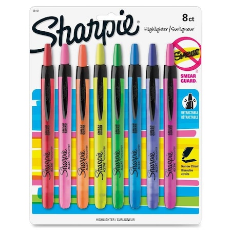 Retractable Highlighter Set, Micro Chisel Tip Fluorescent Colors PK8