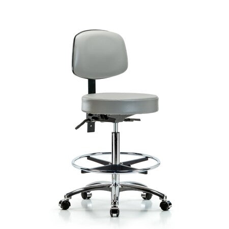 Vin Stool with Back Chrome-High Bench Ht with Chrome Foot Ring and Casters in Dove Trailblazer Vin