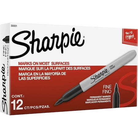 Permanent Marker, Black, Fine Tip, Capped, 12 PK