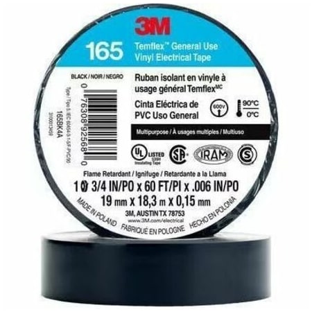 Vinyl Electrical Tape, 165 Temflex, 3/4 in W x 60 ft L, 6 mil Thick, Black