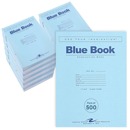 Case of Exam Blue Books, 11"" x 8.5"", 8 Sheets/16 Pages, Wide Ruled with Margin,PK500