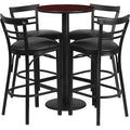 Round Mahgany Bar Table, Rnd Base, Blk Seats, 24", 24" L, 24" W, 42" H, Laminate Top, Wood Grain