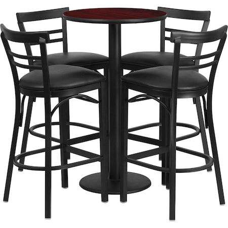 Round Mahgany Bar Table, Rnd Base, Blk Seats, 24", 24" L, 24" W, 42" H, Laminate Top, Wood Grain