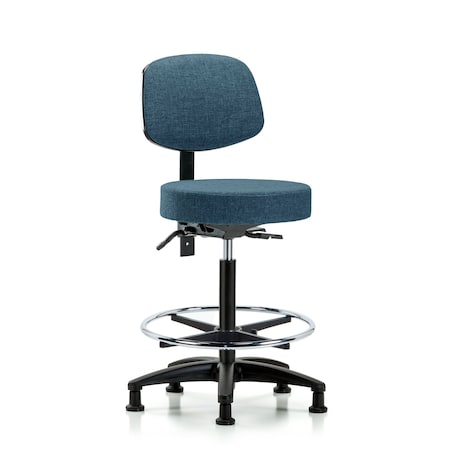 Rutledge Fab Stool with Back - High Bench Height with Chrome Foot Ring and Stat Glides in Blue Fab
