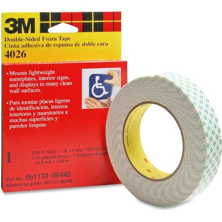 Double-Sided Foam Tape, 1/2 in W, 36 yd L, 1/16 in, Polyurethane Foam, Double-Sided, 18 PK