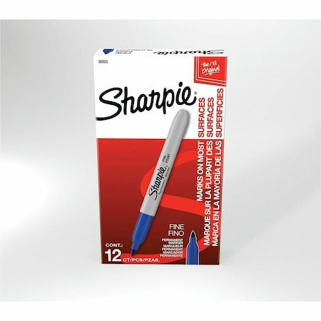 Permanent Marker, Blue, Fine Tip, Capped, 12 PK