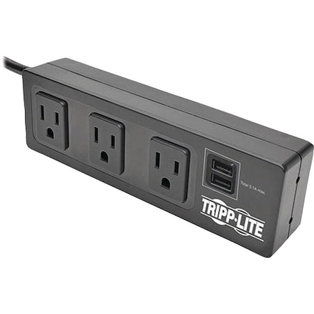 Outlet Strip, Surge, USB, 5-15R, 5-15P, 6 ft., Black