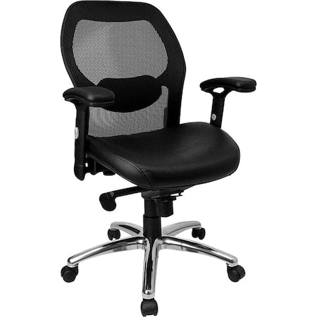 Contemporary Chair Mid-Back Exec Leather Chair, Black, Adjustable Arms, 17-3/4" to 21" Height