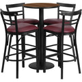 Round Wlnut Bar Tble, Rnd Base w/Burg Seats, 24", Laminate Top, Wood Grain