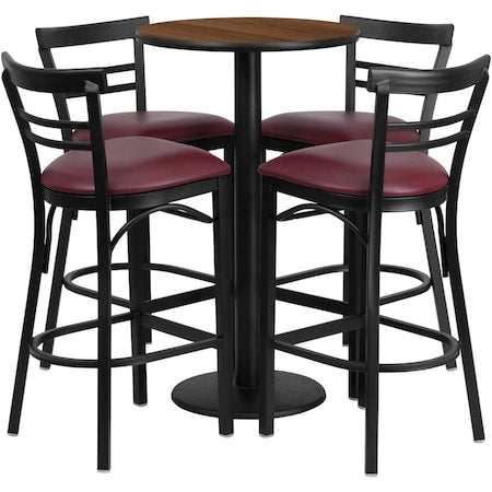 Round Wlnut Bar Tble, Rnd Base w/Burg Seats, 24", Laminate Top, Wood Grain