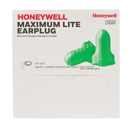 MAXIMUM LITE Disposable Foam Ear Plugs, Contoured-T Shape, 30 dB, Green, 100 PK