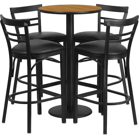 Round Natural Bar Table, Rnd Base, Blk Seats, 24", Laminate Top, Wood Grain